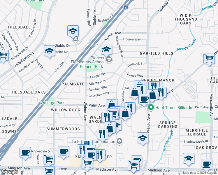 map of restaurants, bars, coffee shops, grocery stores, and more near 5216 Rambler Way in Sacramento