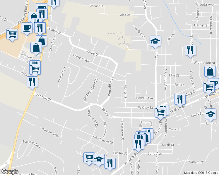 map of restaurants, bars, coffee shops, grocery stores, and more near 115 Westridge Drive in Collinsville