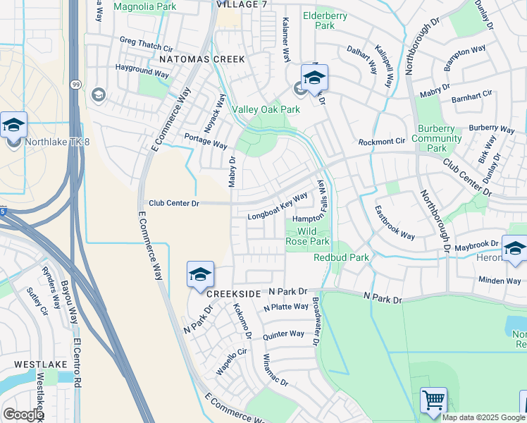 map of restaurants, bars, coffee shops, grocery stores, and more near 3039 Longboat Key Way in Sacramento