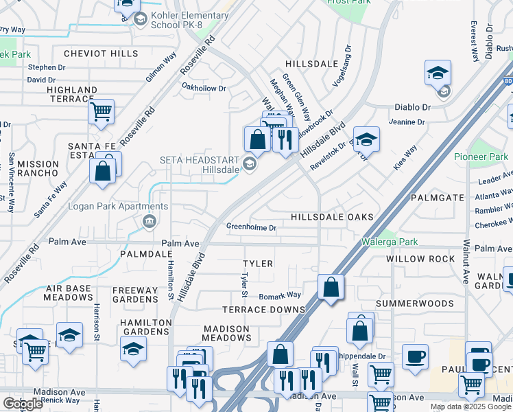 map of restaurants, bars, coffee shops, grocery stores, and more near 5627 Revelstok Drive in Sacramento