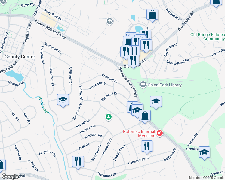 map of restaurants, bars, coffee shops, grocery stores, and more near 12906 Kenmar Drive in Woodbridge