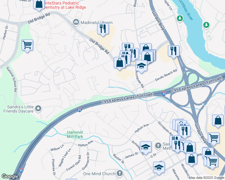 map of restaurants, bars, coffee shops, grocery stores, and more near 1650 Thenia Place in Woodbridge