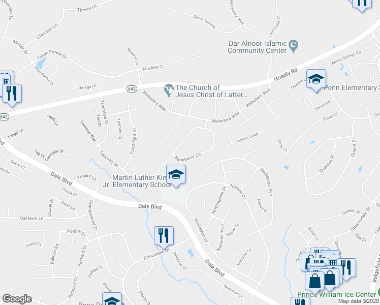 map of restaurants, bars, coffee shops, grocery stores, and more near 14017 Baneberry Cir in Manassas