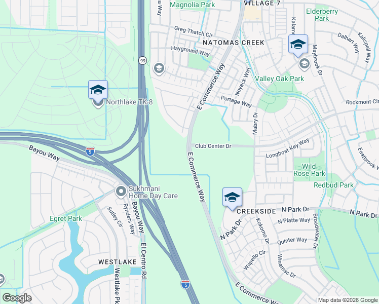 map of restaurants, bars, coffee shops, grocery stores, and more near East Commerce Way in Sacramento