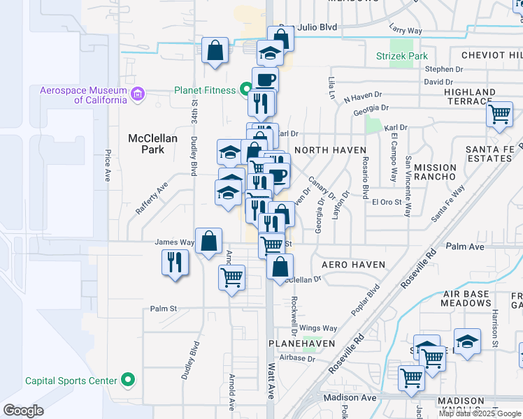 map of restaurants, bars, coffee shops, grocery stores, and more near 5649 Watt Avenue in North Highlands