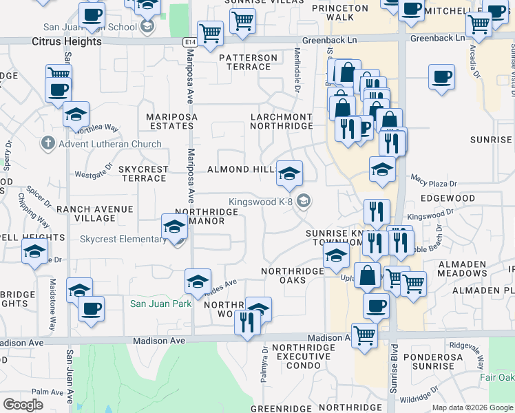 map of restaurants, bars, coffee shops, grocery stores, and more near 7657 Eastgate Avenue in Citrus Heights