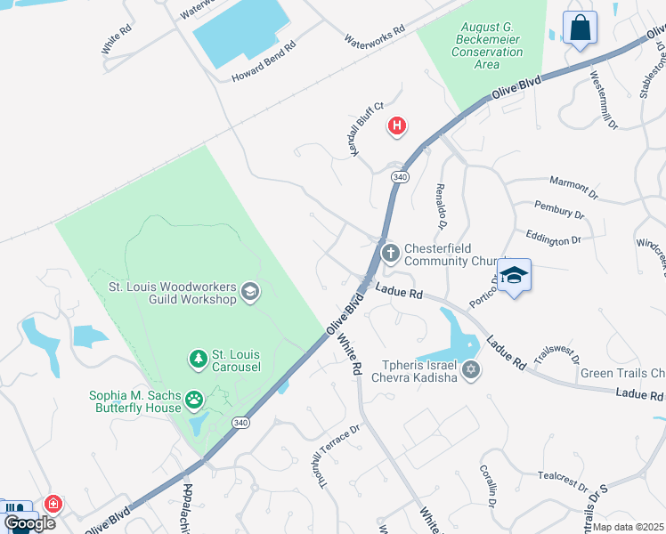map of restaurants, bars, coffee shops, grocery stores, and more near 14718 Ladue Bluffs Crossing Drive in Chesterfield
