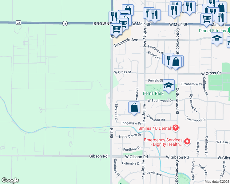 map of restaurants, bars, coffee shops, grocery stores, and more near 730 Meadowood Drive in Woodland