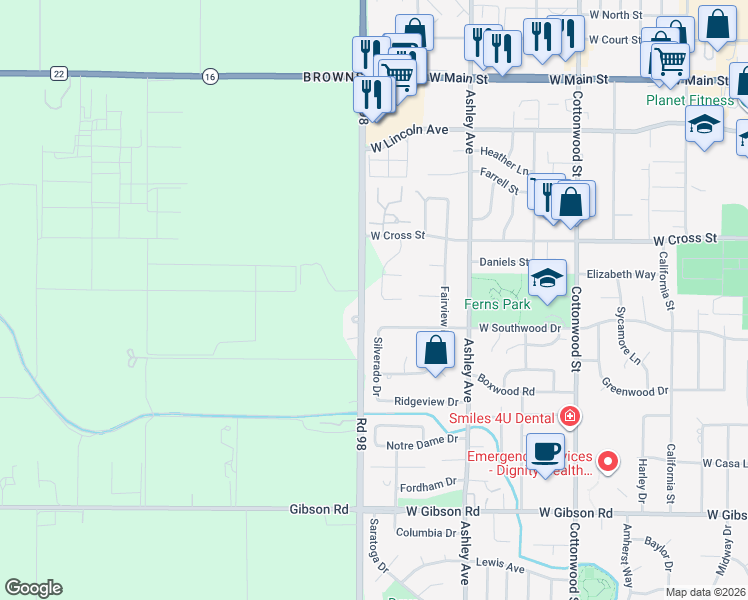 map of restaurants, bars, coffee shops, grocery stores, and more near 730 Meadowood Drive in Woodland