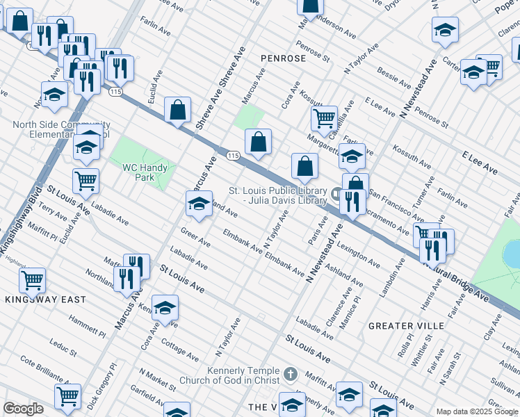 map of restaurants, bars, coffee shops, grocery stores, and more near 4530 Lexington Avenue in St. Louis
