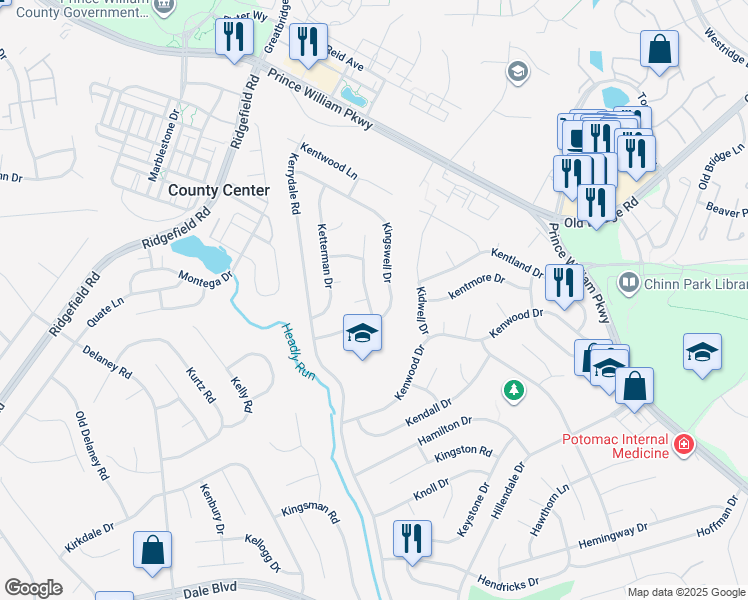 map of restaurants, bars, coffee shops, grocery stores, and more near 13013 Kimbrough Lane in Woodbridge