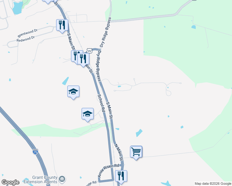 map of restaurants, bars, coffee shops, grocery stores, and more near 130 Wood Gate in Dry Ridge