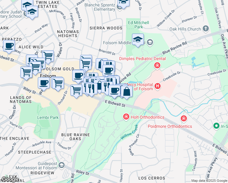 map of restaurants, bars, coffee shops, grocery stores, and more near 421 Blue Ravine Road in Folsom