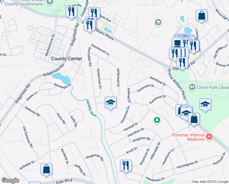 map of restaurants, bars, coffee shops, grocery stores, and more near 13013 Kimbrough Lane in Woodbridge