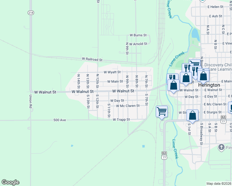 map of restaurants, bars, coffee shops, grocery stores, and more near 1001 West Walnut Street in Herington