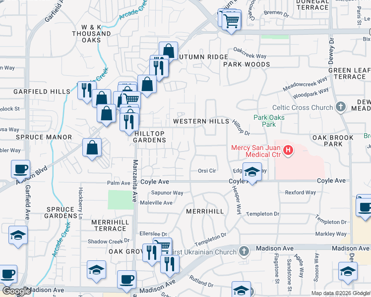 map of restaurants, bars, coffee shops, grocery stores, and more near 6094 Vía Casitas in Carmichael