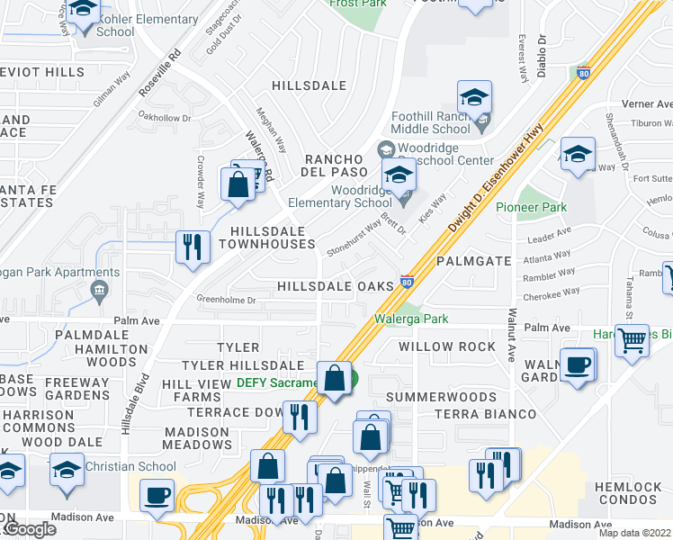 map of restaurants, bars, coffee shops, grocery stores, and more near 4707 Hayford Way in Sacramento