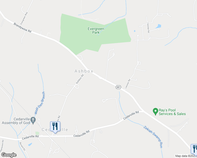 map of restaurants, bars, coffee shops, grocery stores, and more near 15917 Brandywine Road in Brandywine