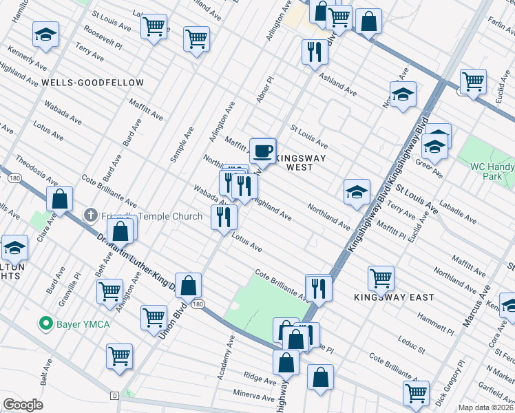 map of restaurants, bars, coffee shops, grocery stores, and more near 5255 Wabada Avenue in St. Louis