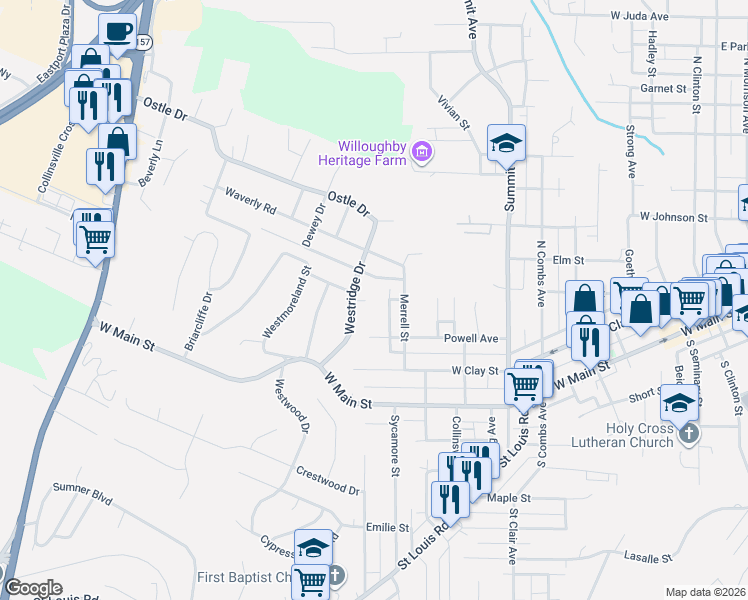 map of restaurants, bars, coffee shops, grocery stores, and more near 315 Audrey Avenue in Collinsville