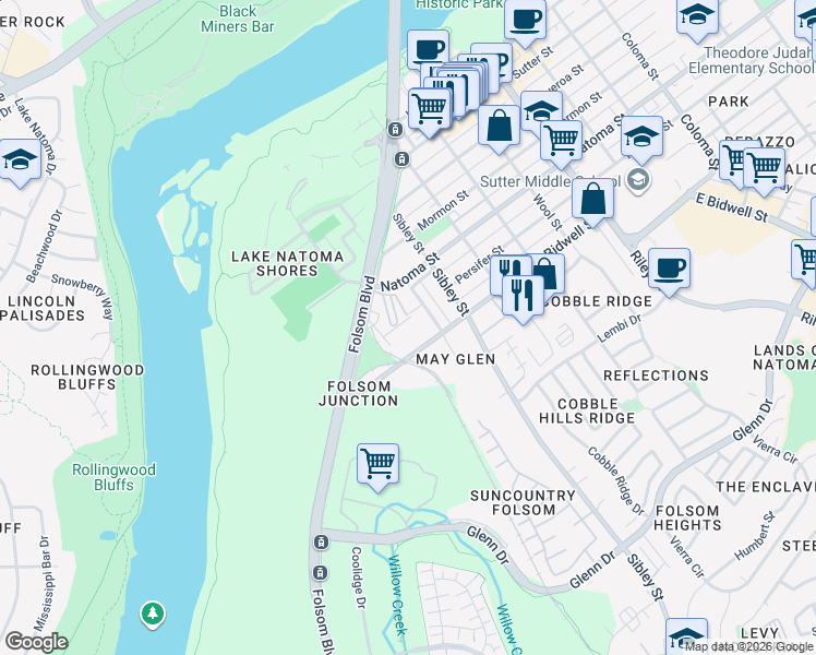 map of restaurants, bars, coffee shops, grocery stores, and more near 1212 Bidwell Street in Folsom