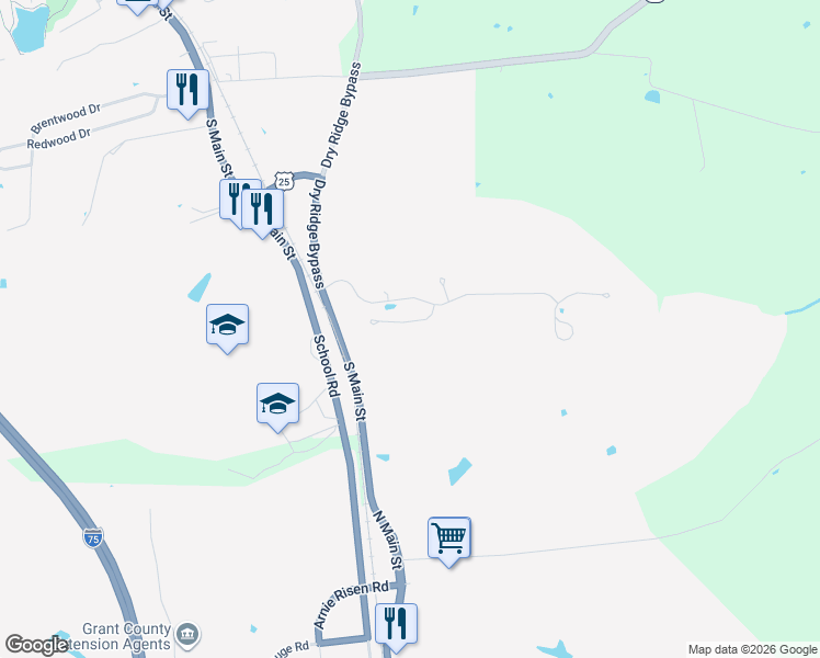 map of restaurants, bars, coffee shops, grocery stores, and more near 118 Wood Gate in Dry Ridge