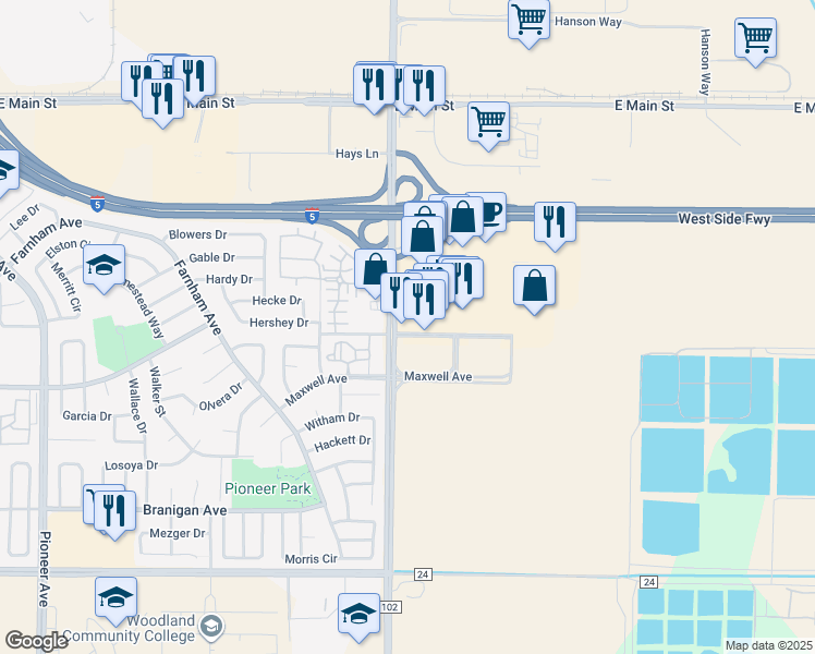 map of restaurants, bars, coffee shops, grocery stores, and more near 2011 Bronze Star Drive in Woodland