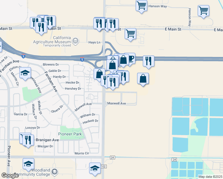 map of restaurants, bars, coffee shops, grocery stores, and more near 2021 Bronze Star Drive in Woodland