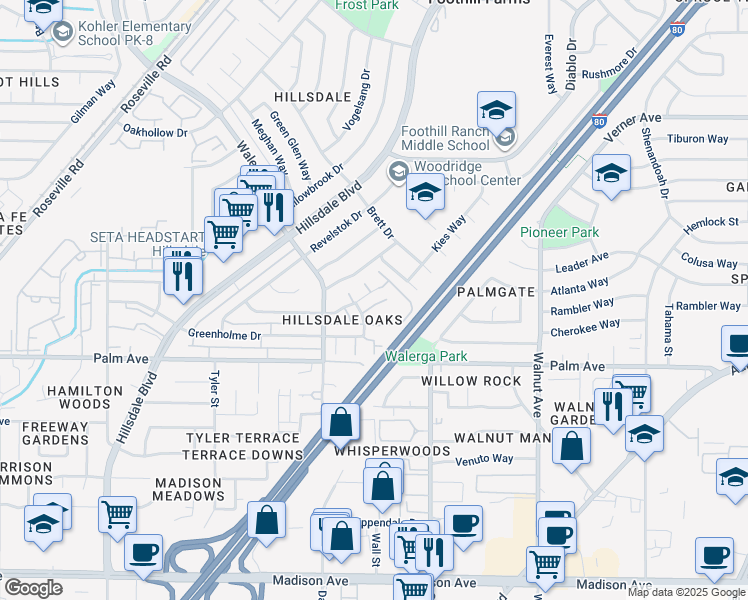 map of restaurants, bars, coffee shops, grocery stores, and more near 4770 Greenholme Drive in Sacramento