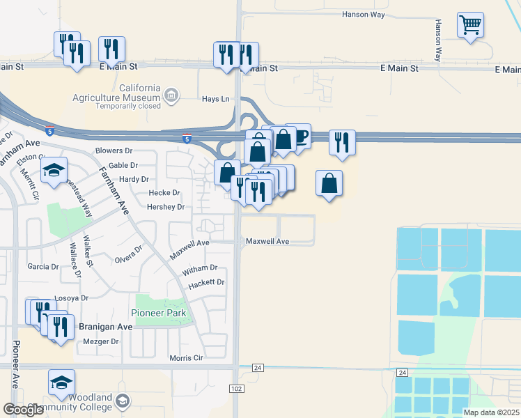 map of restaurants, bars, coffee shops, grocery stores, and more near 2021 Bronze Star Drive in Woodland