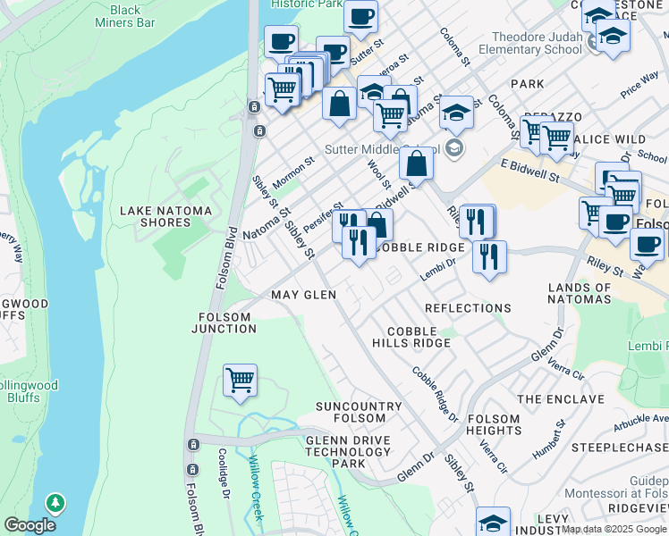 map of restaurants, bars, coffee shops, grocery stores, and more near 812 Sibley Street in Folsom