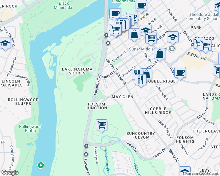 map of restaurants, bars, coffee shops, grocery stores, and more near 1212 Bidwell Street in Folsom