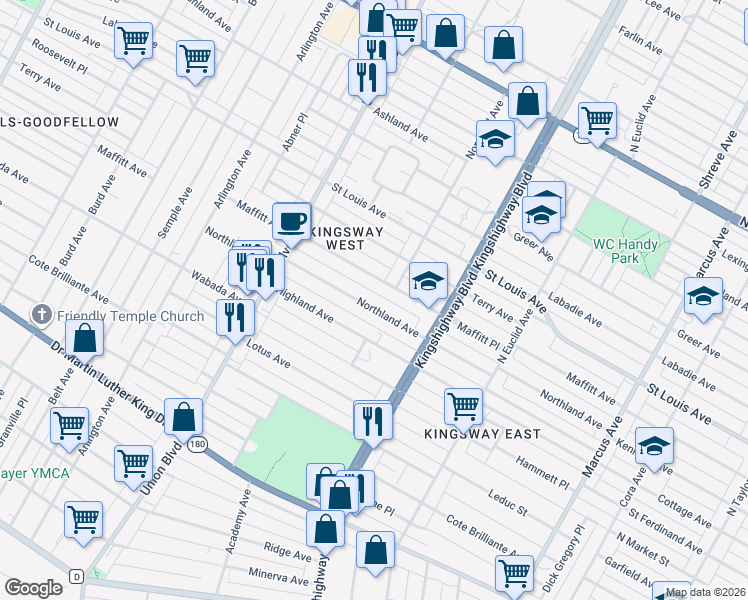 map of restaurants, bars, coffee shops, grocery stores, and more near 5101 Northland Avenue in St. Louis