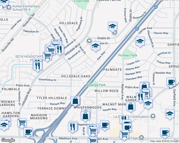 map of restaurants, bars, coffee shops, grocery stores, and more near 4754 Greenholme Drive in Sacramento