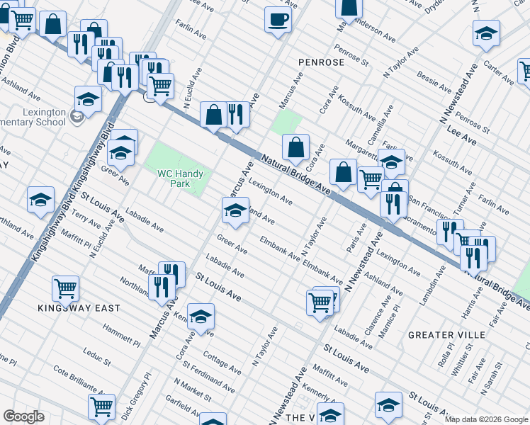 map of restaurants, bars, coffee shops, grocery stores, and more near 4603 Ashland Avenue in St. Louis