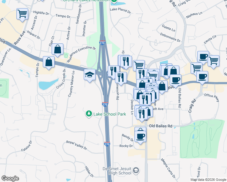 map of restaurants, bars, coffee shops, grocery stores, and more near 721 Emerson Road in Saint Louis
