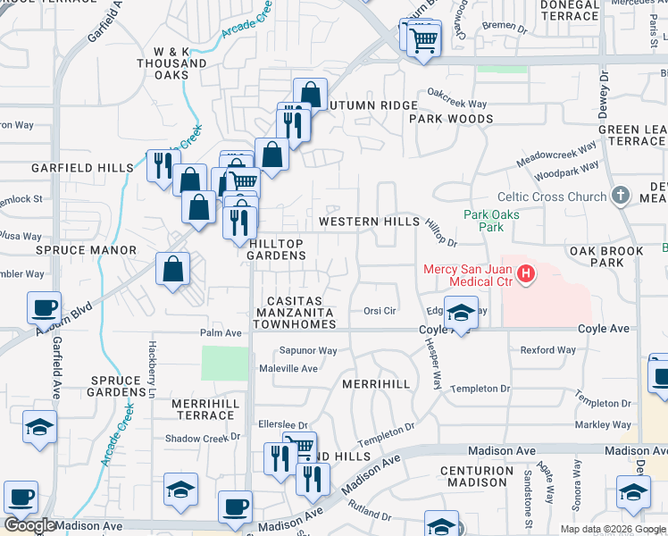 map of restaurants, bars, coffee shops, grocery stores, and more near 6094 Vía Casitas in Carmichael