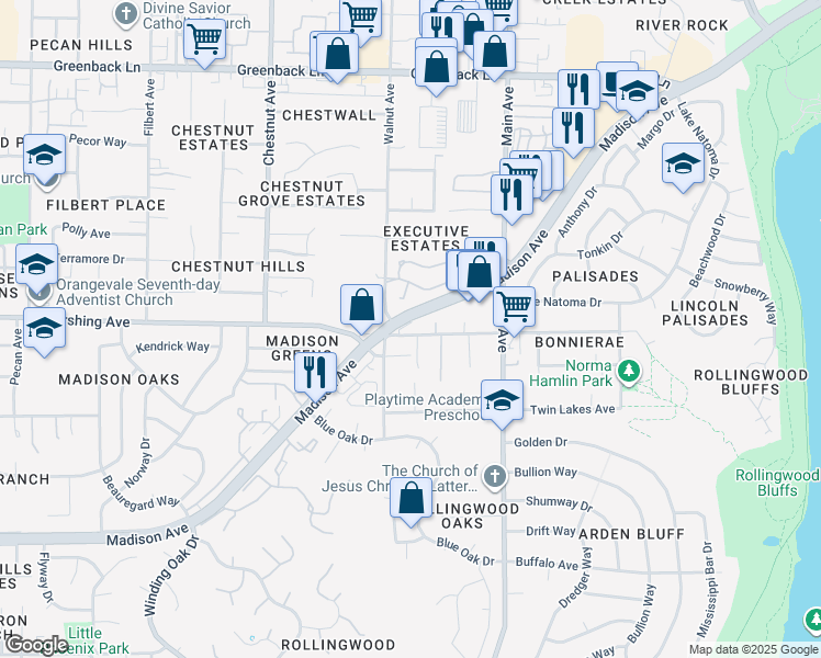 map of restaurants, bars, coffee shops, grocery stores, and more near 9324 Pershing Avenue in Orangevale