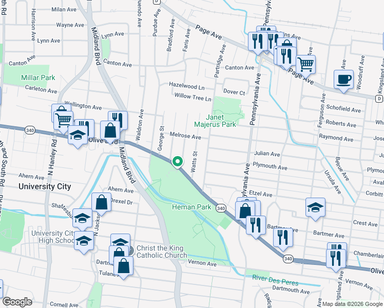 map of restaurants, bars, coffee shops, grocery stores, and more near 1138 Watts Street in University City