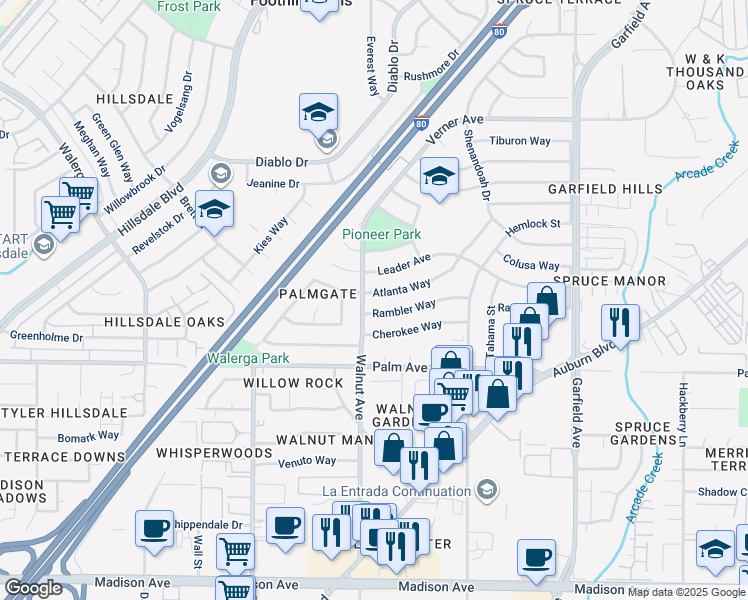 map of restaurants, bars, coffee shops, grocery stores, and more near 5101 Rambler Way in Sacramento