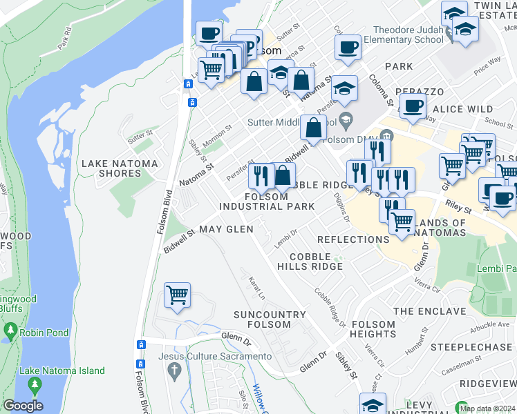map of restaurants, bars, coffee shops, grocery stores, and more near 807 Kelly Way in Folsom