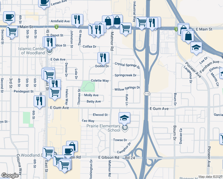 map of restaurants, bars, coffee shops, grocery stores, and more near 731 Matmor Road in Woodland