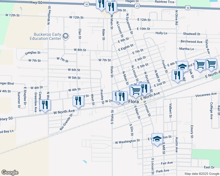 map of restaurants, bars, coffee shops, grocery stores, and more near 300-320 W 3rd St in Flora