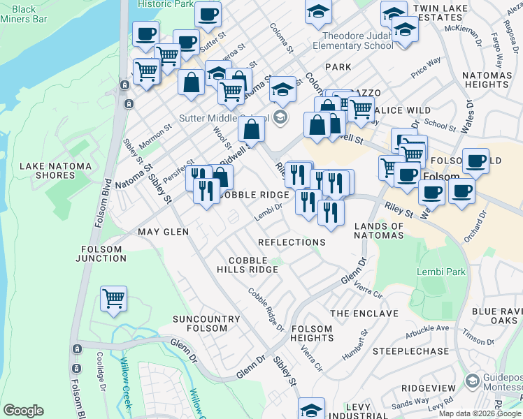 map of restaurants, bars, coffee shops, grocery stores, and more near 178 Oxburough Drive in Folsom