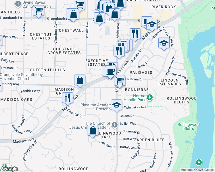 map of restaurants, bars, coffee shops, grocery stores, and more near 9360 Pershing Avenue in Orangevale