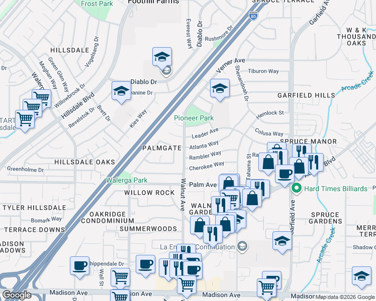 map of restaurants, bars, coffee shops, grocery stores, and more near 5101 Rambler Way in Sacramento