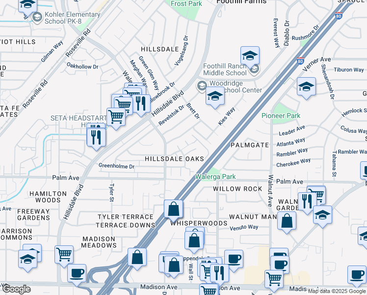 map of restaurants, bars, coffee shops, grocery stores, and more near 4770 Greenholme Drive in Sacramento