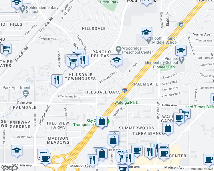 map of restaurants, bars, coffee shops, grocery stores, and more near 4770 Greenholme Drive in Sacramento