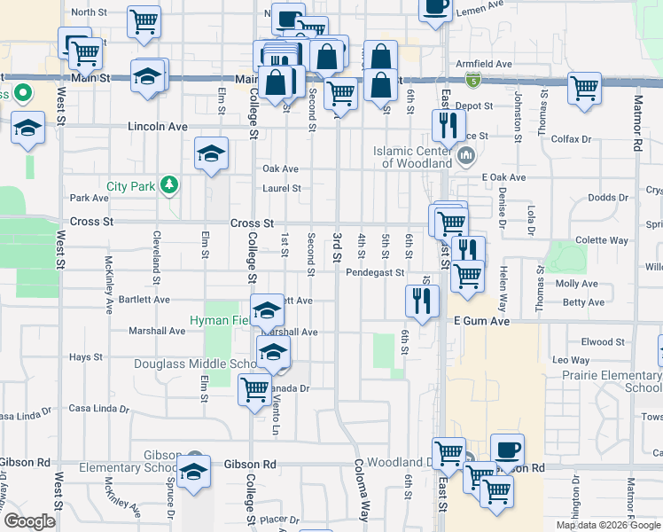 map of restaurants, bars, coffee shops, grocery stores, and more near 716 Pendegast Street in Woodland