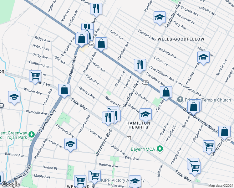 map of restaurants, bars, coffee shops, grocery stores, and more near 5825 Ridge Avenue in St. Louis